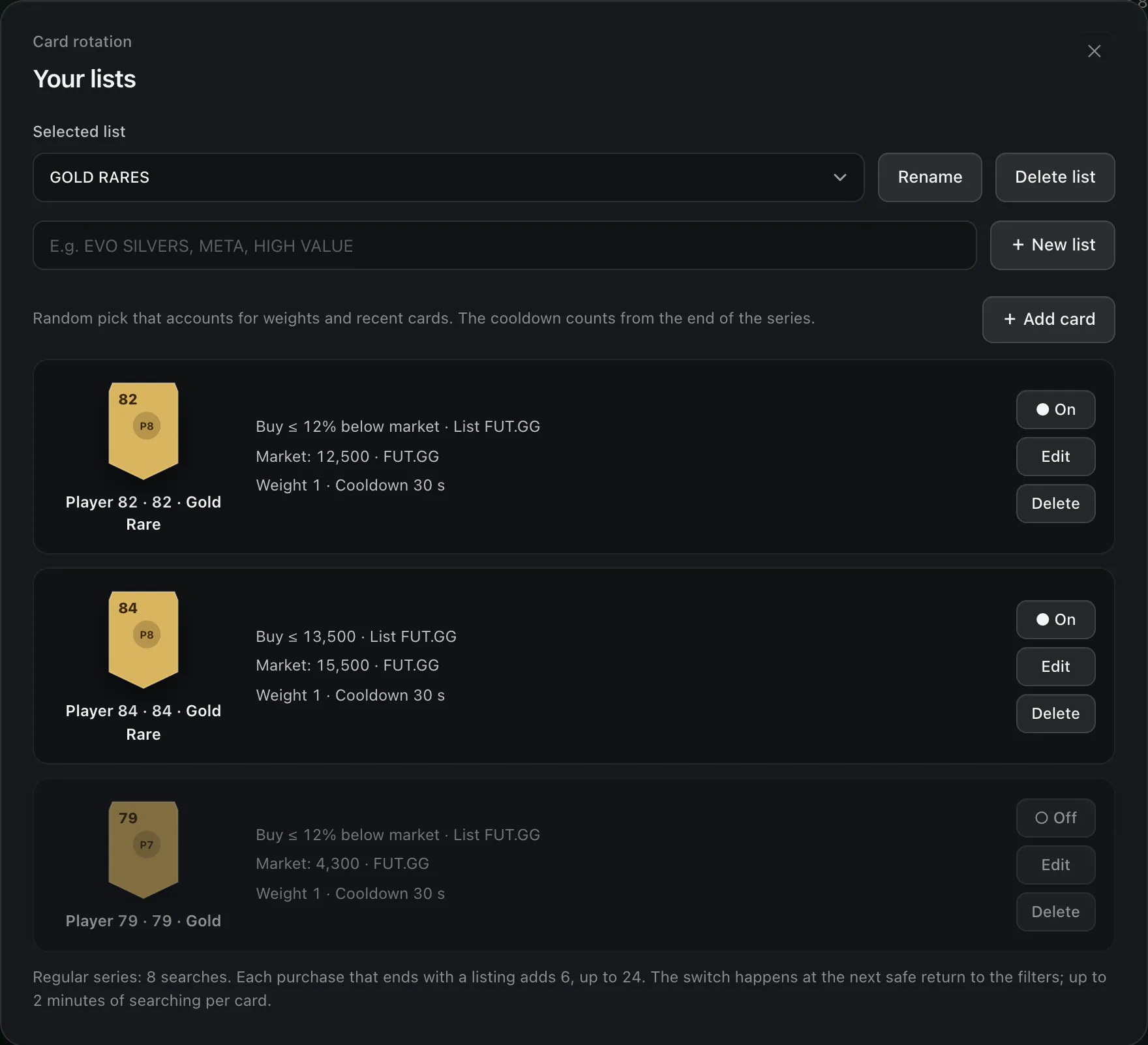 The Your lists dialog: the list GOLD RARES with three cards, each with On or Off, Edit and Delete, and the buttons Rename, Delete list, New list and Add card.