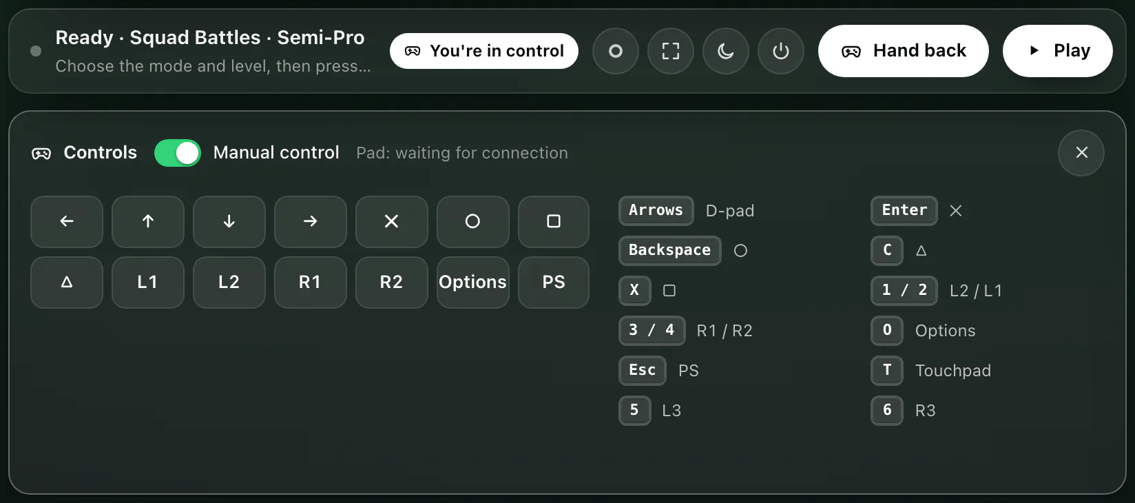 Manual control: the bar shows You're in control and Hand back; under it the Controls panel with the Manual control switch, the on-screen pad and the list of keyboard keys.