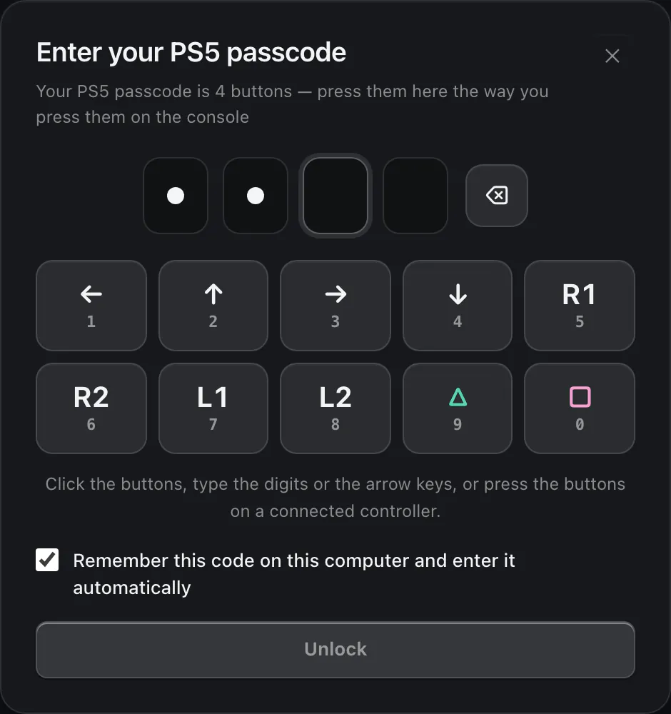The Enter your PS5 passcode keypad: four slots with two filled, keys for arrows, R1, R2, L1, L2, triangle and square, a Remember box and an Unlock button.