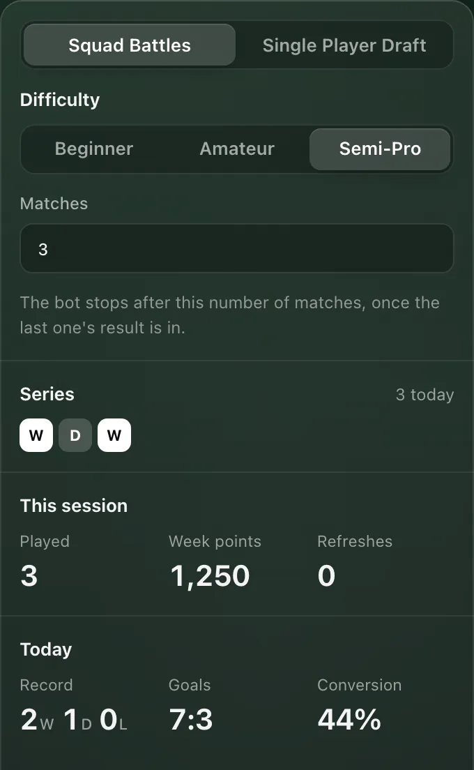 The Play panel with Squad Battles: difficulty Semi-Pro, Matches 3, the series W D W, this session and today's results.