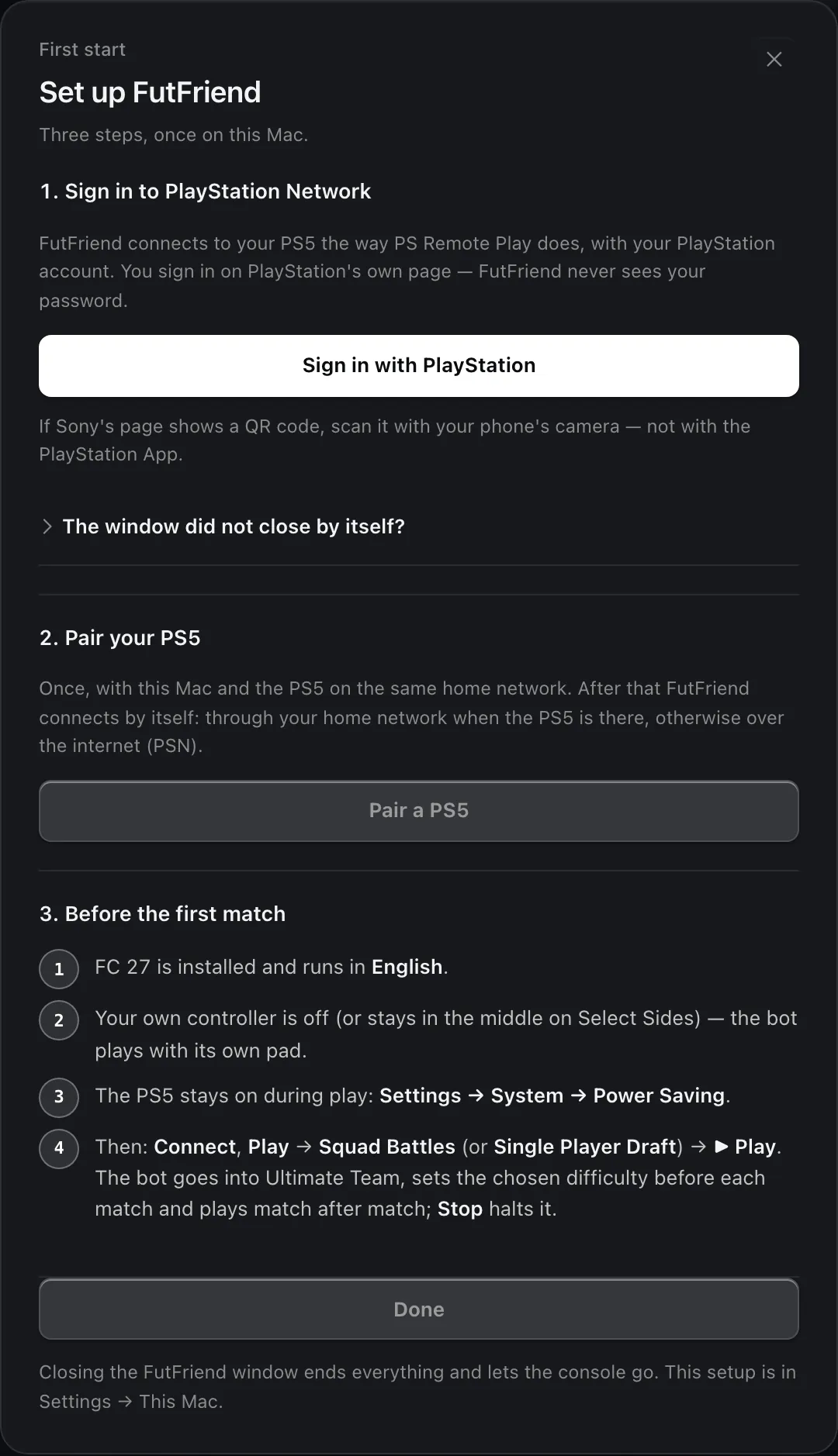 The Set up FutFriend dialog: Sign in with PlayStation, Pair a PS5 and the checklist before the first match.